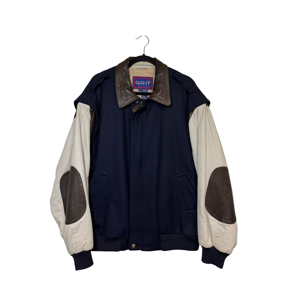 Gant Varsity Bomber Jacket Mens XL Navy Blue Wool Leather Elbow Patch Vintage